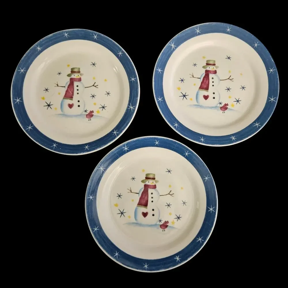 Snowman Winter Holiday Salad Plates Blue Rim Made in China Set of 3